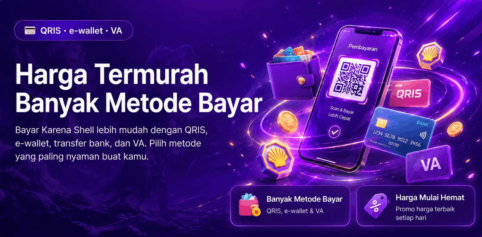 Harga termurah, banyak metode bayar — QRIS, e-wallet, transfer bank & VA